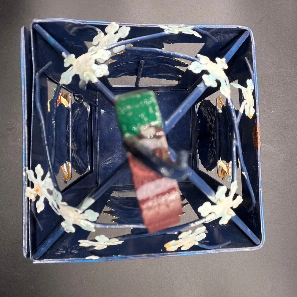 Blue Metal Christmas Lantern Snowman and Tree Holiday Tea Light Holder 11x4.5